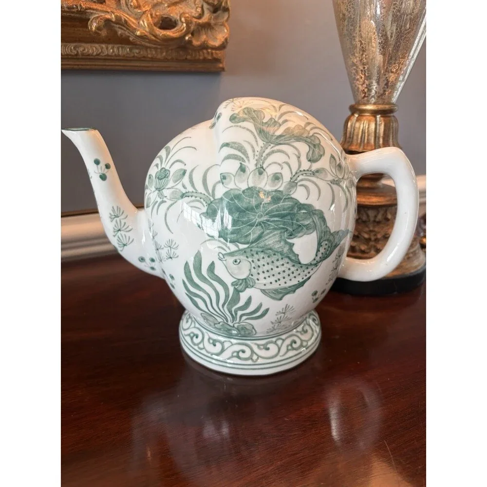 Vintage Wine Ewer Cadogan Puzzle Teapot Green and White Fish Chinoiserie Decor